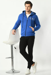 Man is wearing R. blue color jacket 