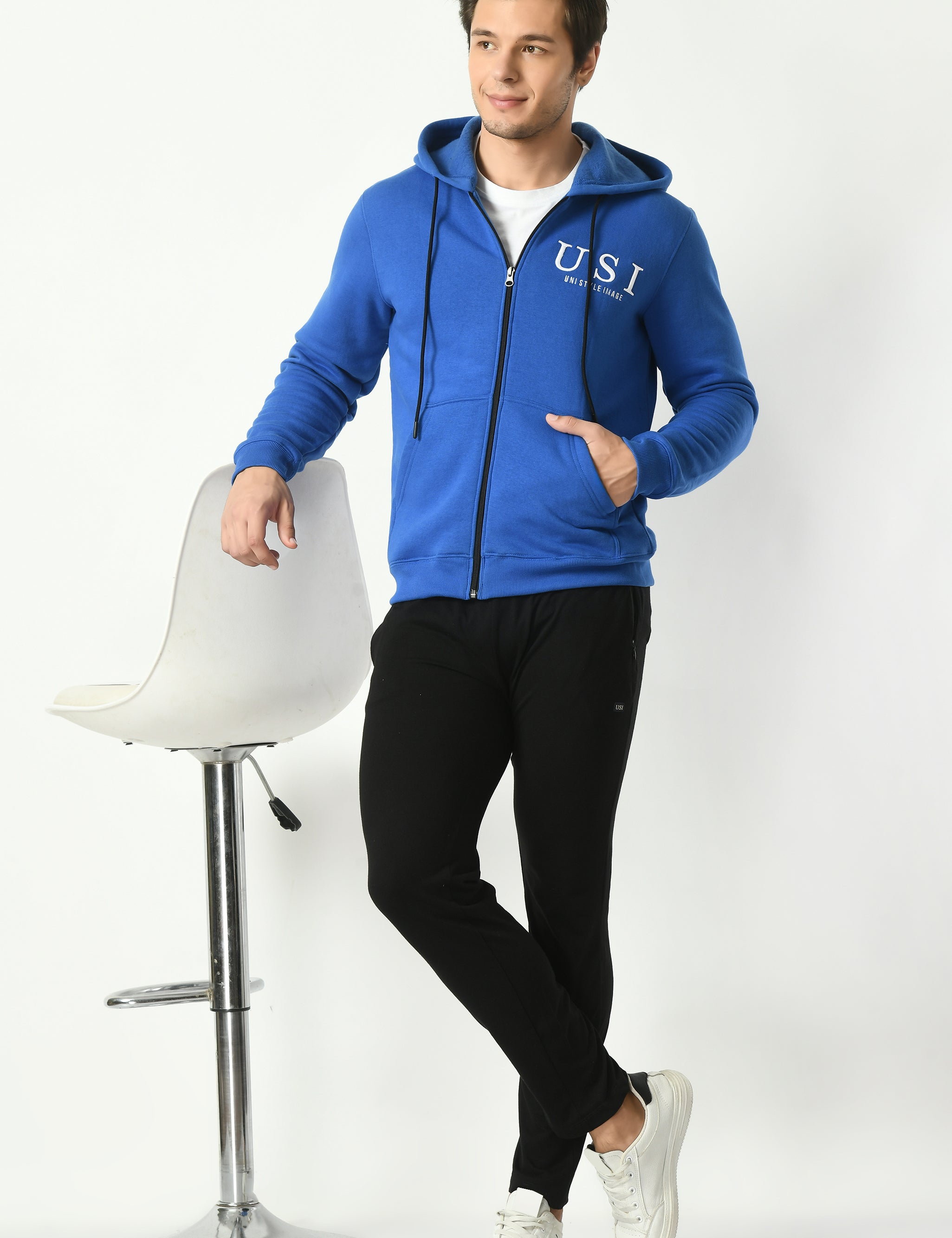 Man is wearing R. blue color jacket 