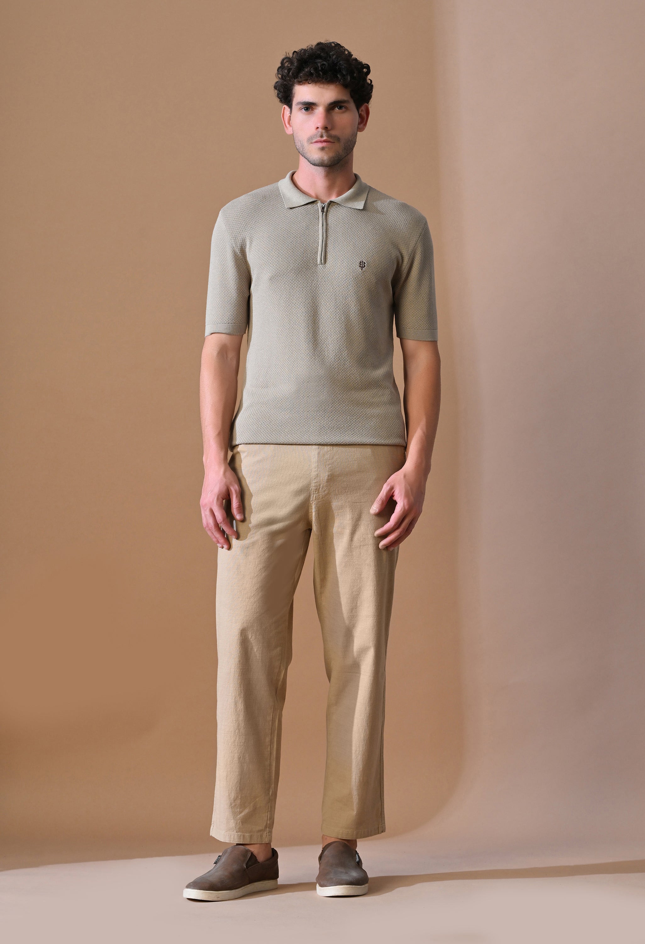 Knitted Textured Zipper Polo for Men