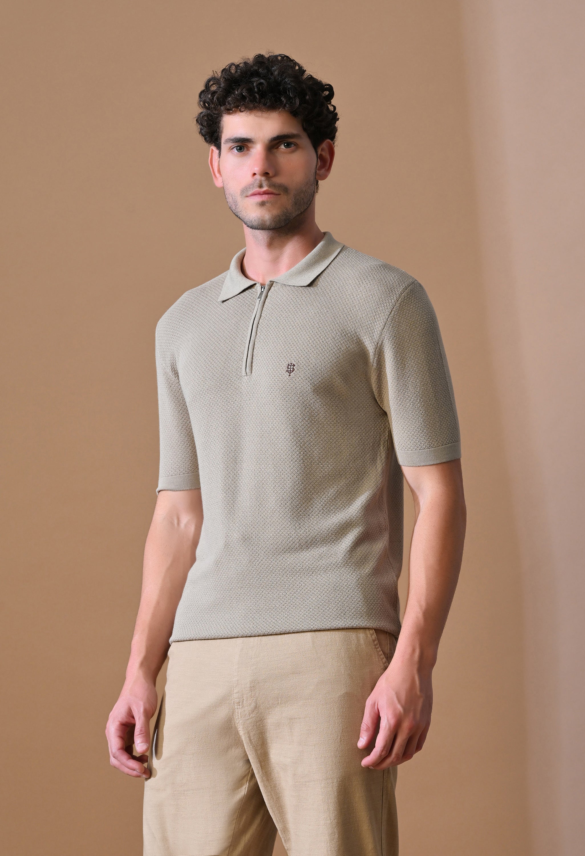 Knitted Textured Zipper Polo for Men