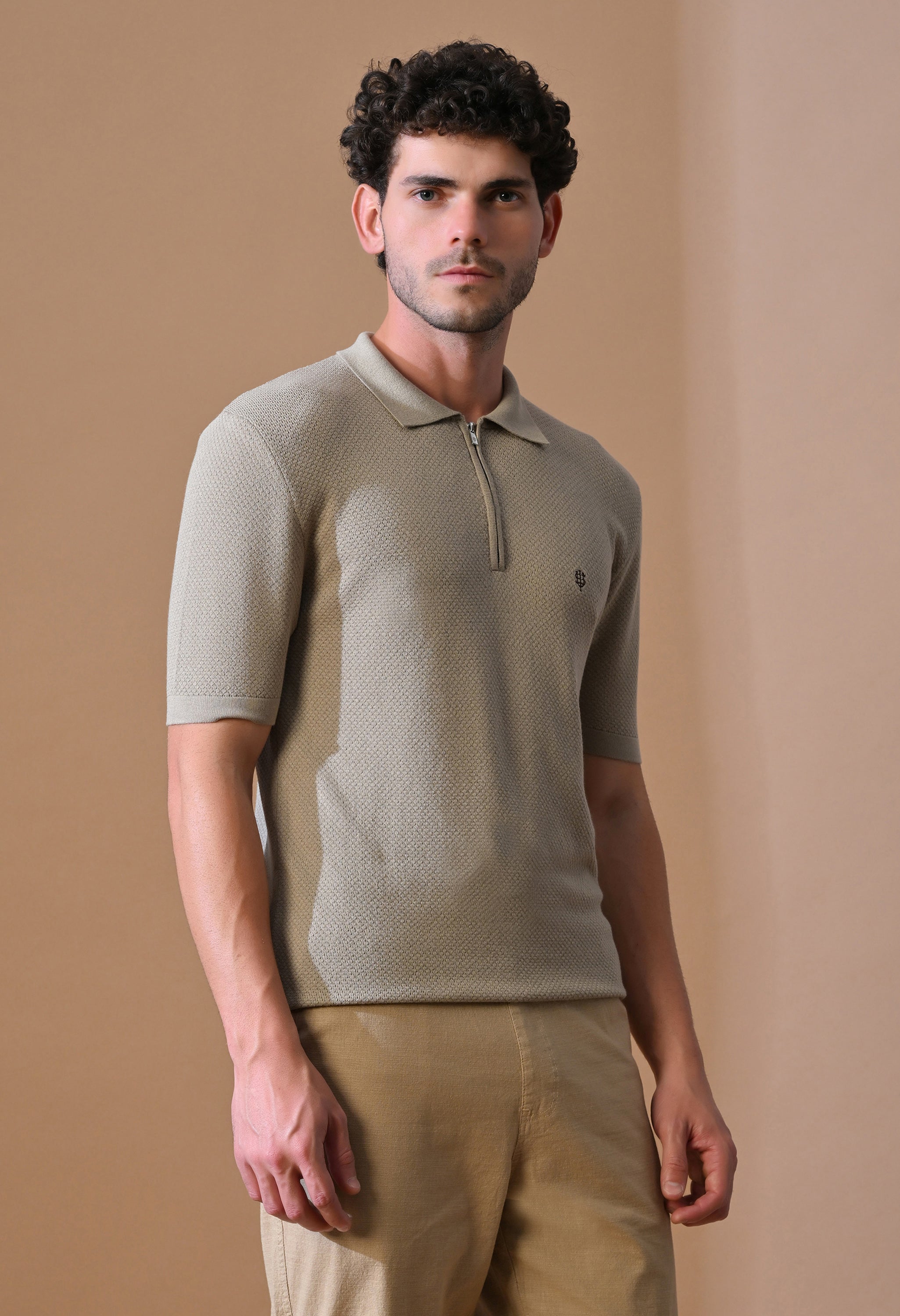 Knitted Textured Zipper Polo for Men