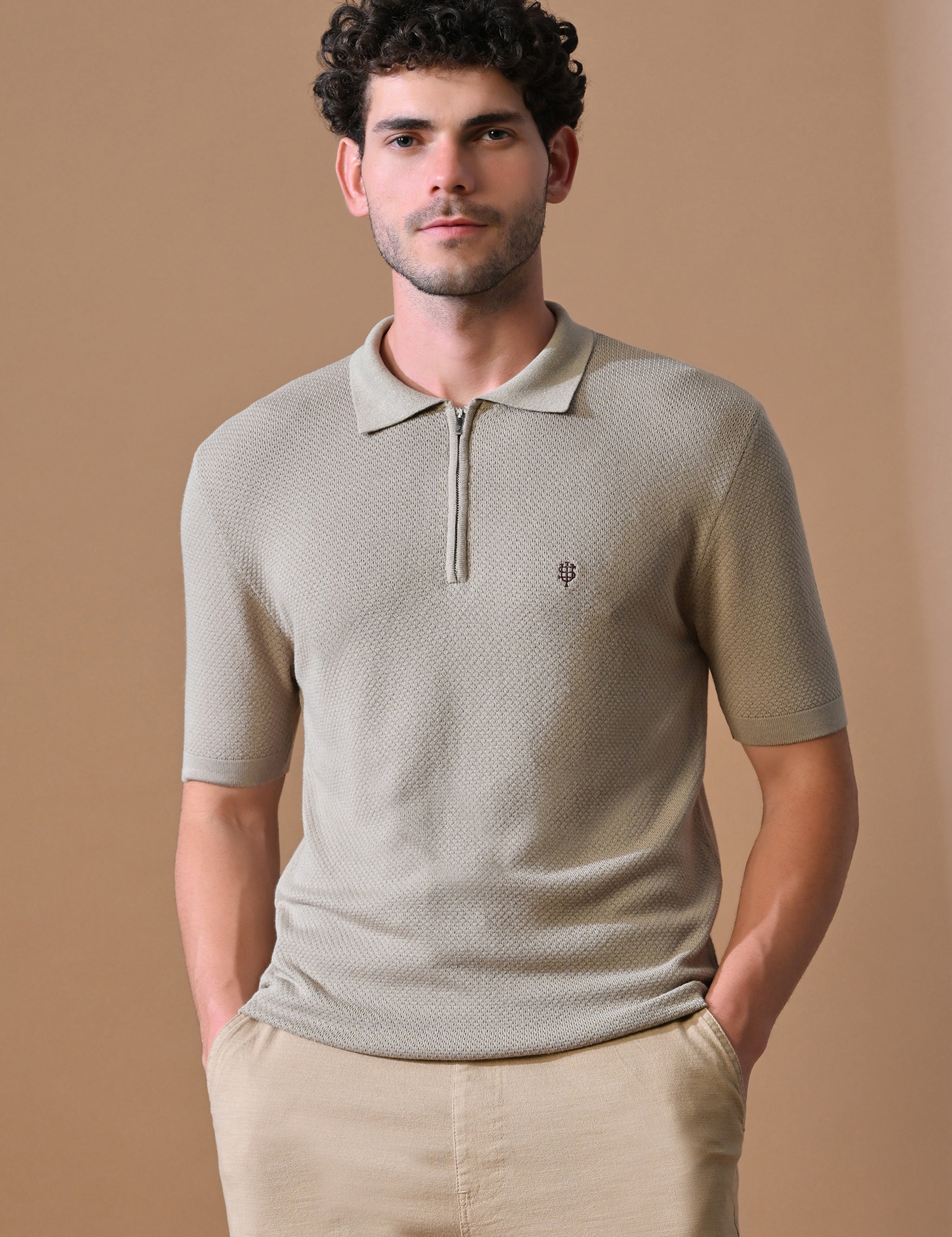Knitted Textured Zipper Polo for Men