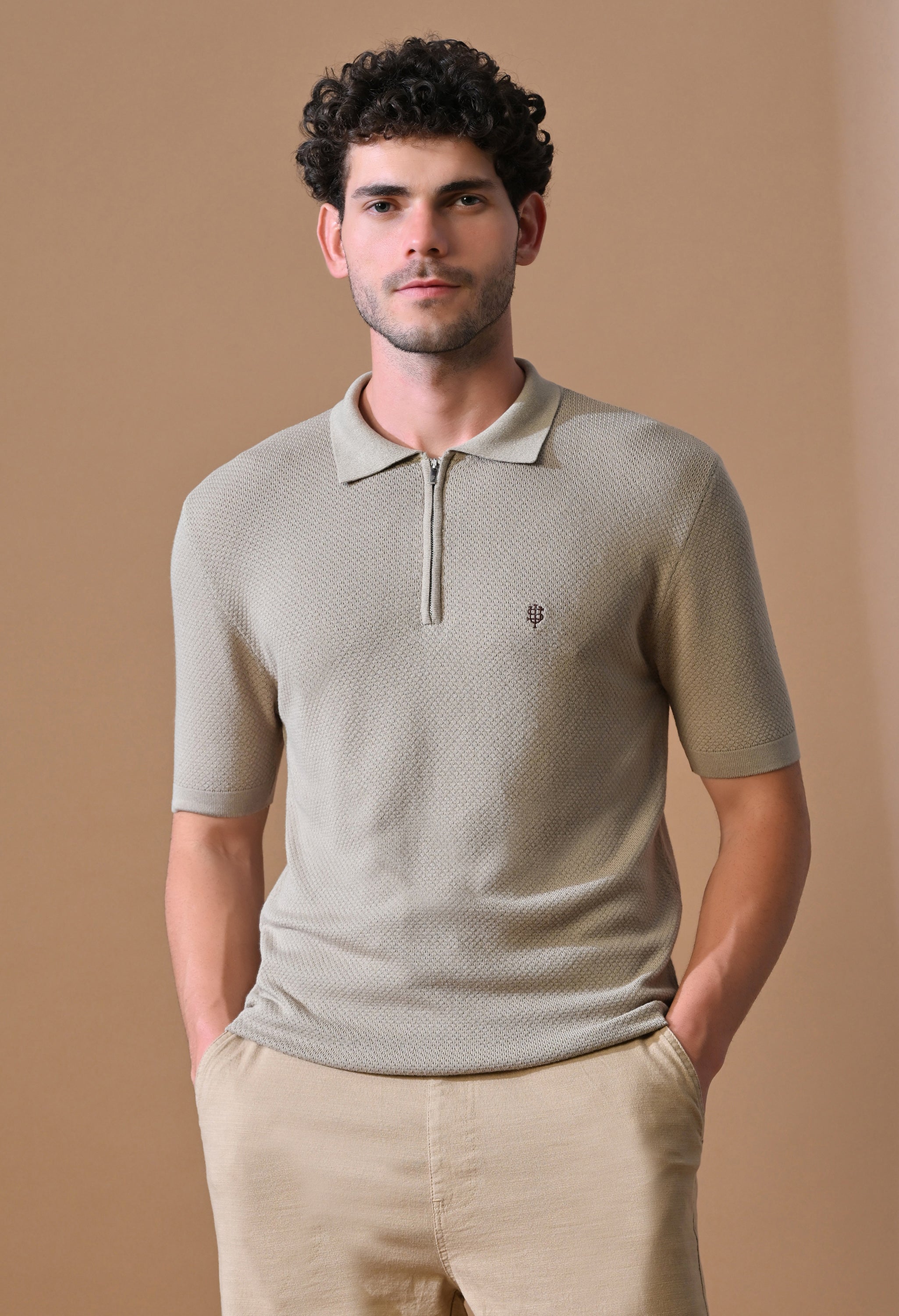 Knitted Textured Zipper Polo for Men