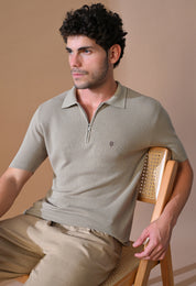 Knitted Textured Zipper Polo for Men
