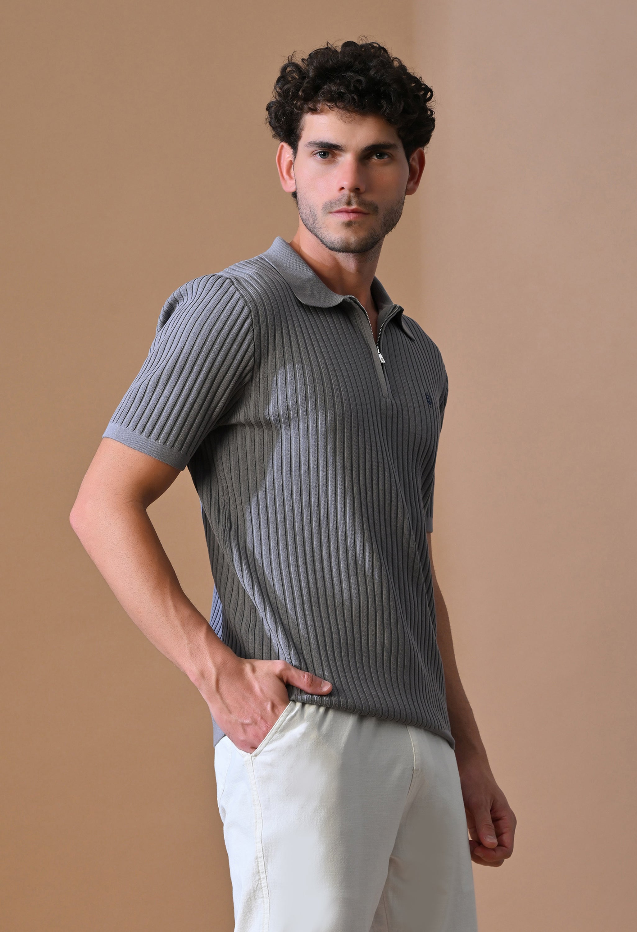 Knitted Zipper Polo with Stripes for Men | Timeless & Durable
