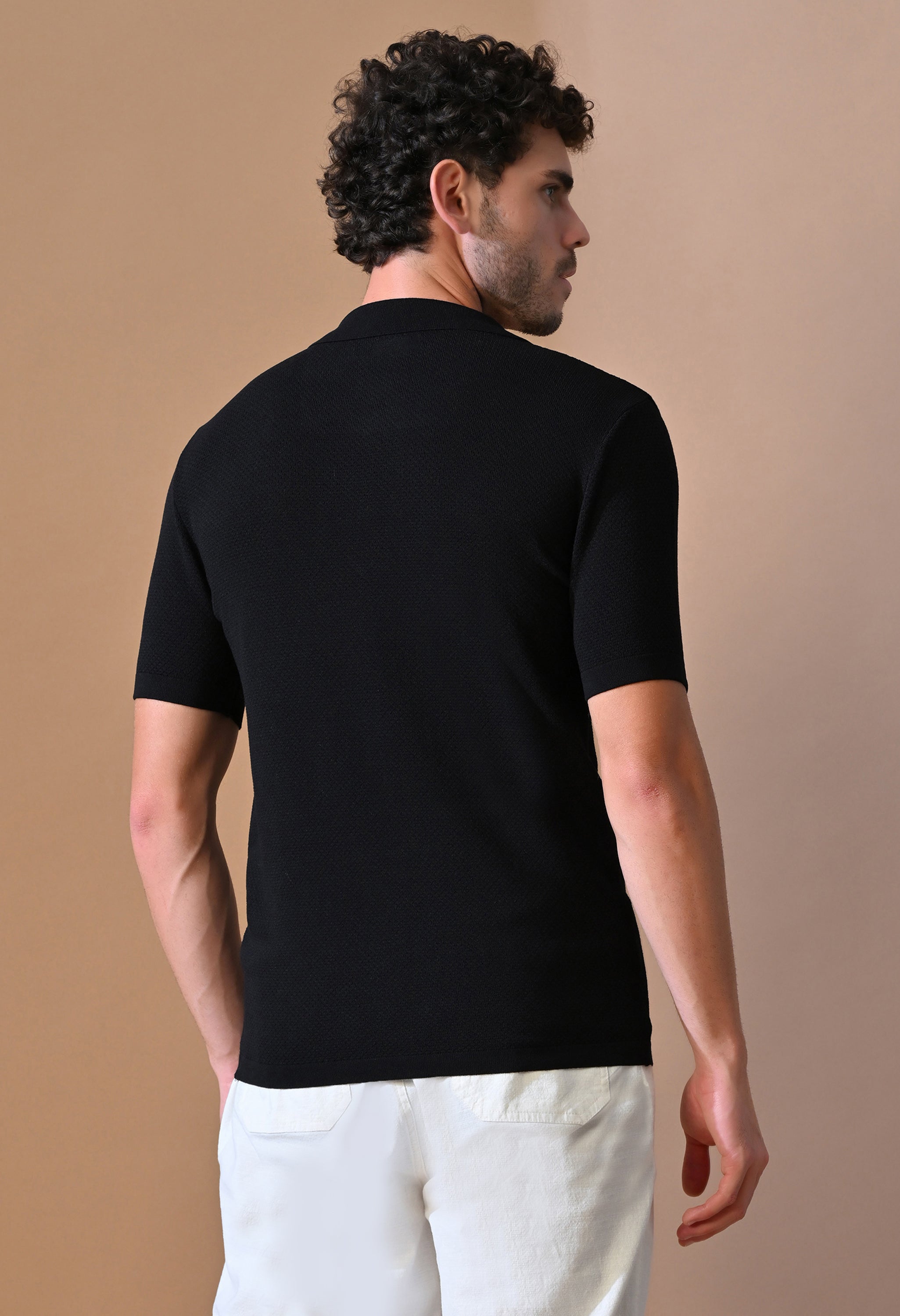 Knitted Textured Zipper Polo for Men