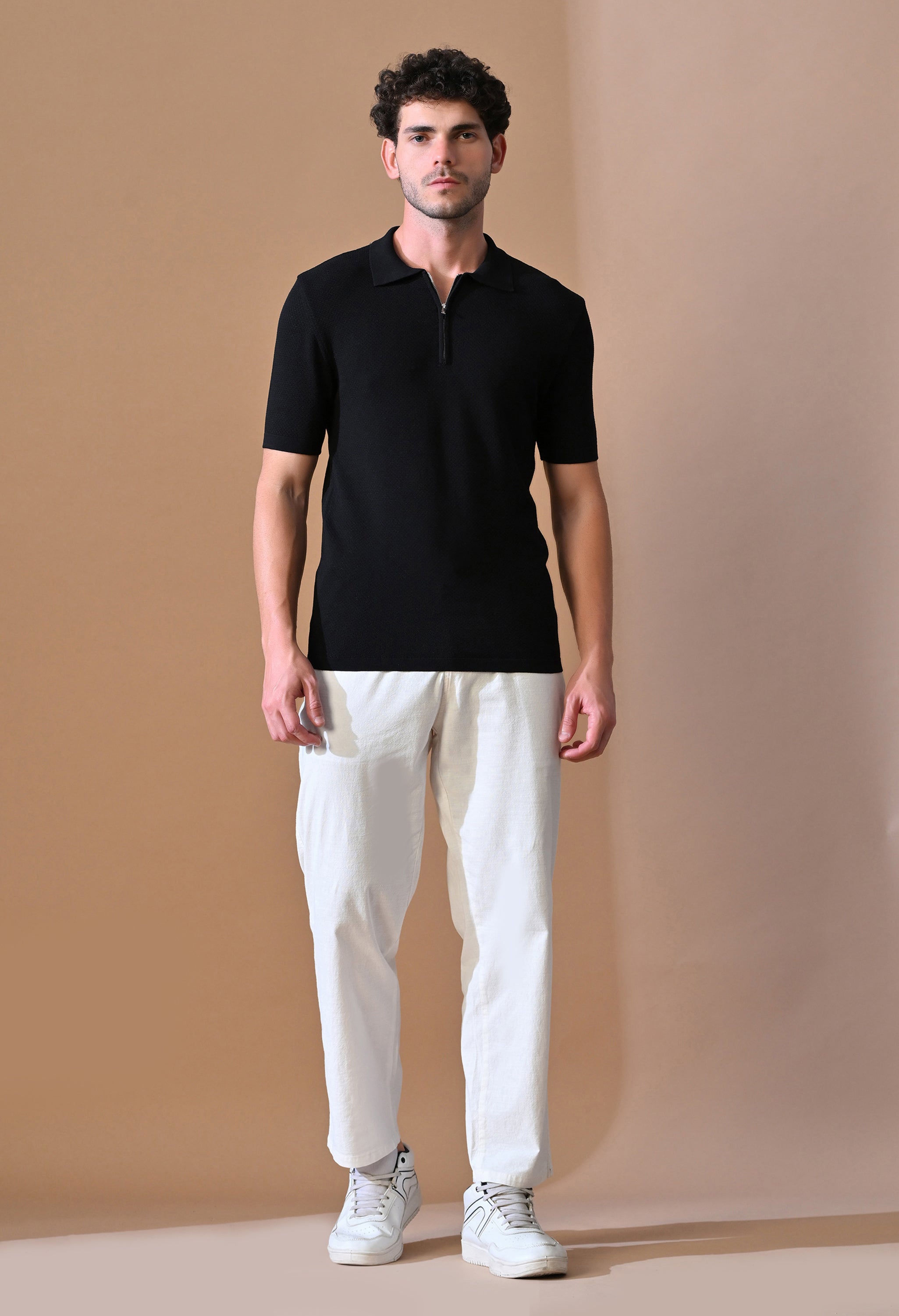 Knitted Textured Zipper Polo for Men