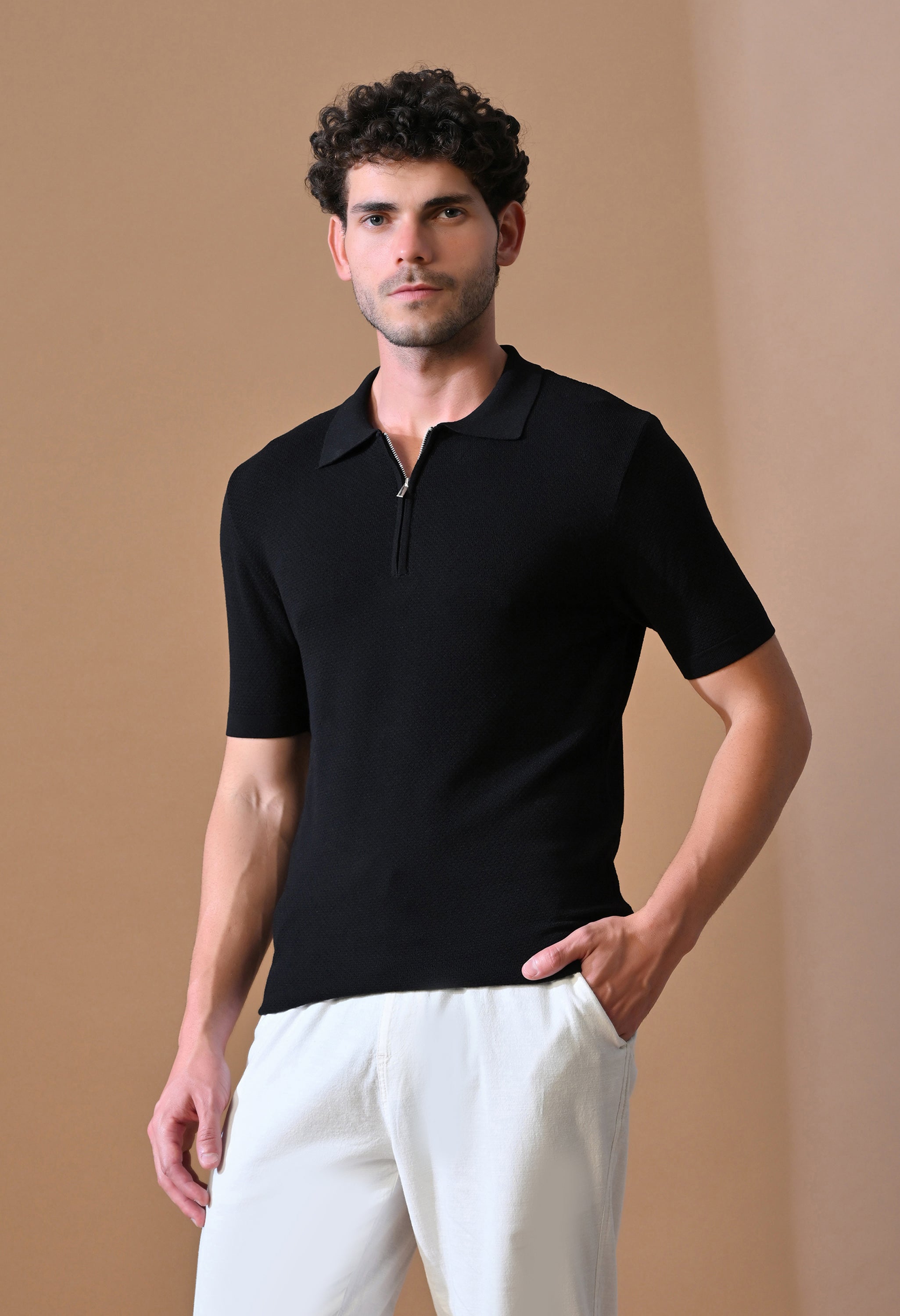Knitted Textured Zipper Polo for Men