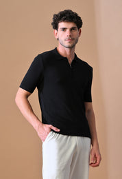 Knitted Textured Zipper Polo for Men