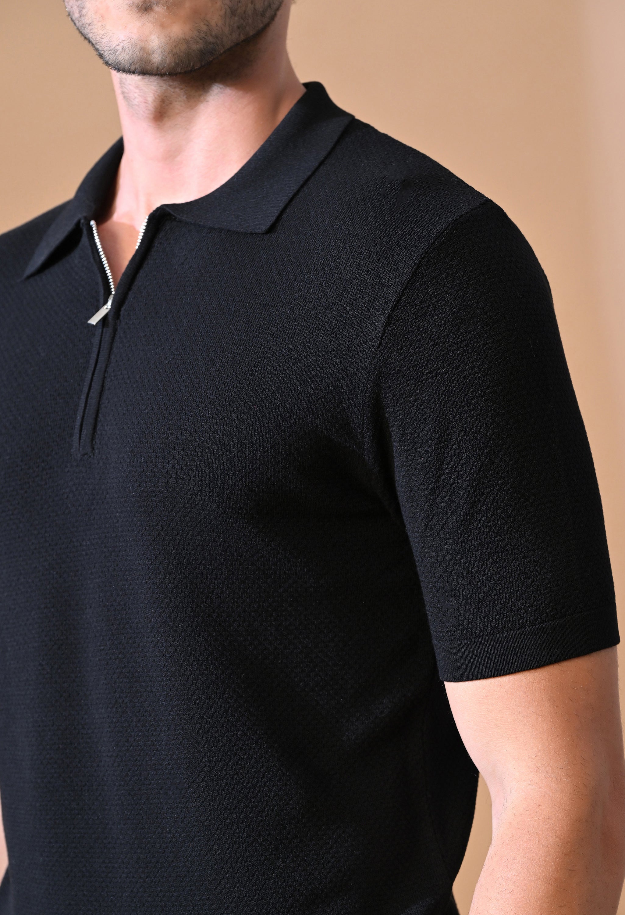 Knitted Textured Zipper Polo for Men