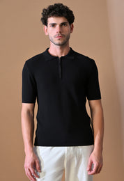 Knitted Textured Zipper Polo for Men