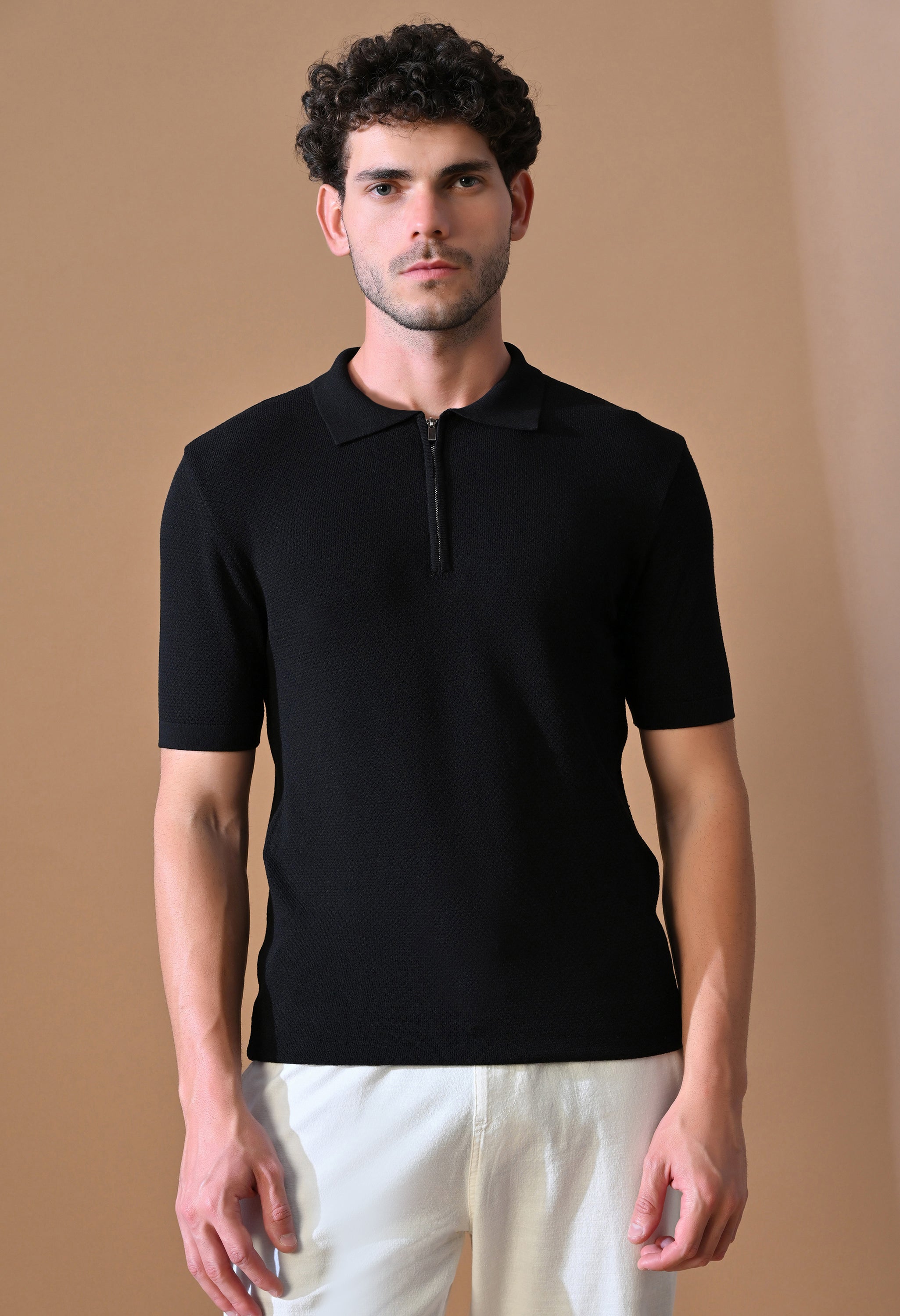 Knitted Textured Zipper Polo for Men