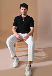 Knitted Textured Zipper Polo for Men