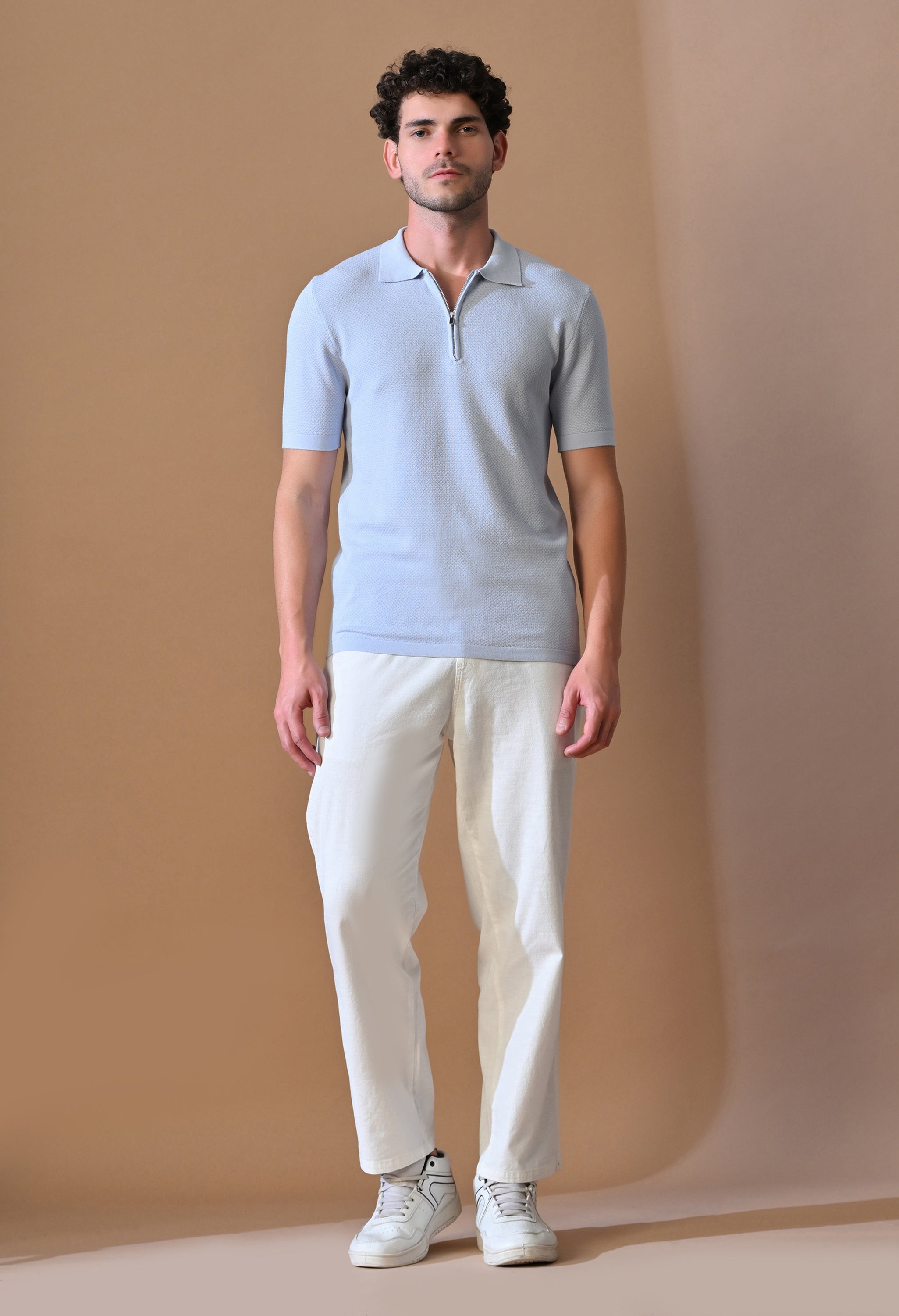 Knitted Textured Zipper Polo for Men