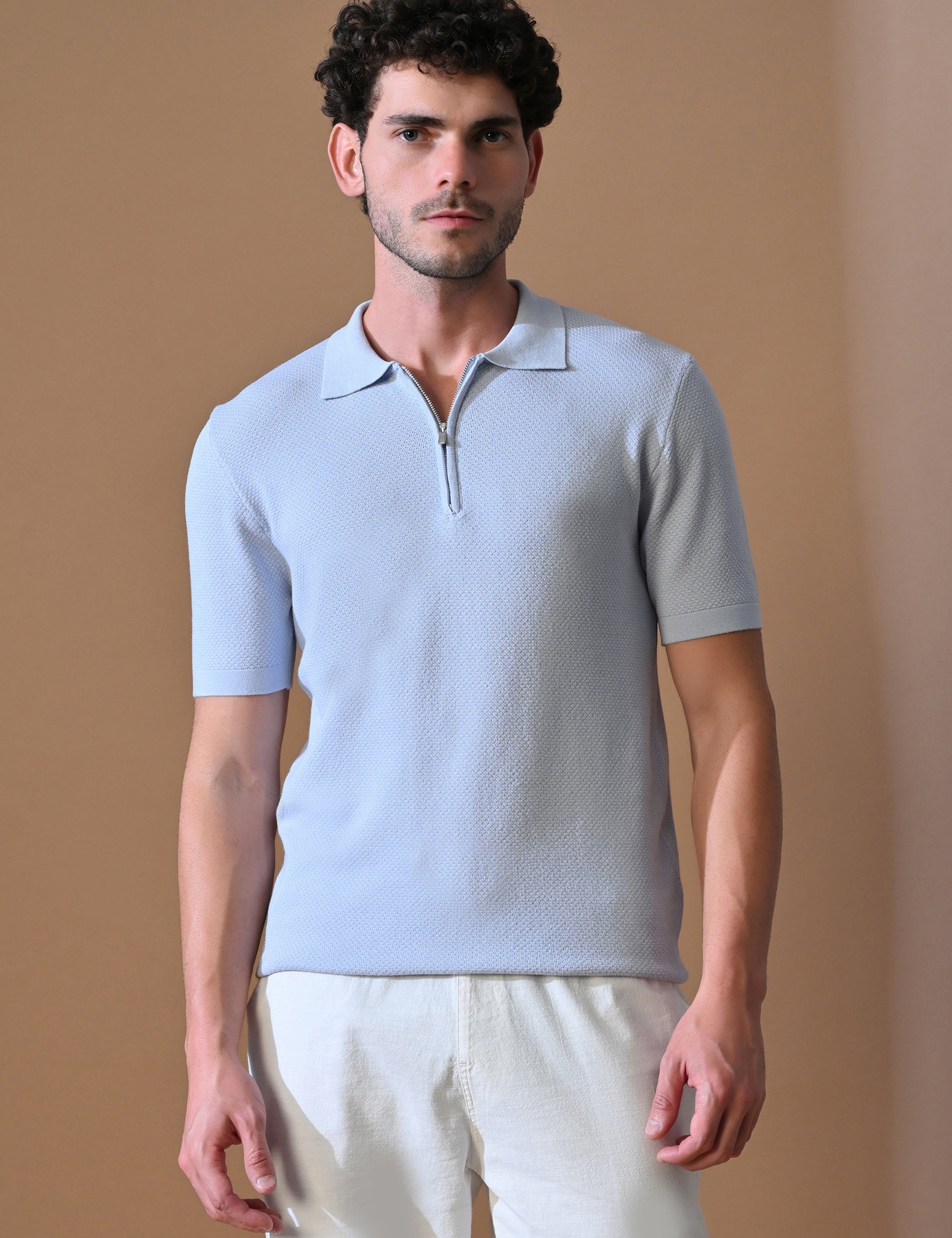 Knitted Textured Zipper Polo for Men