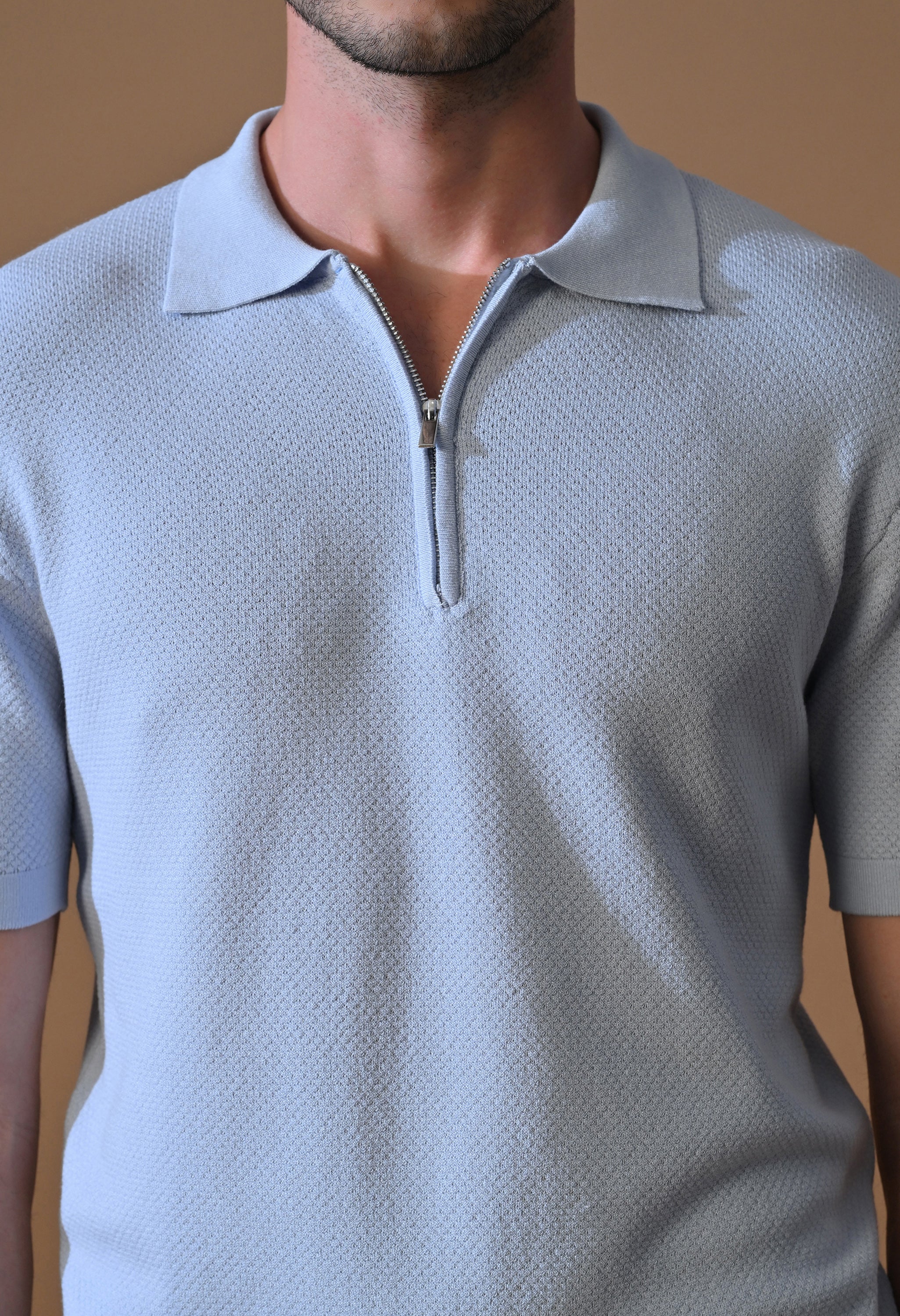 Knitted Textured Zipper Polo for Men