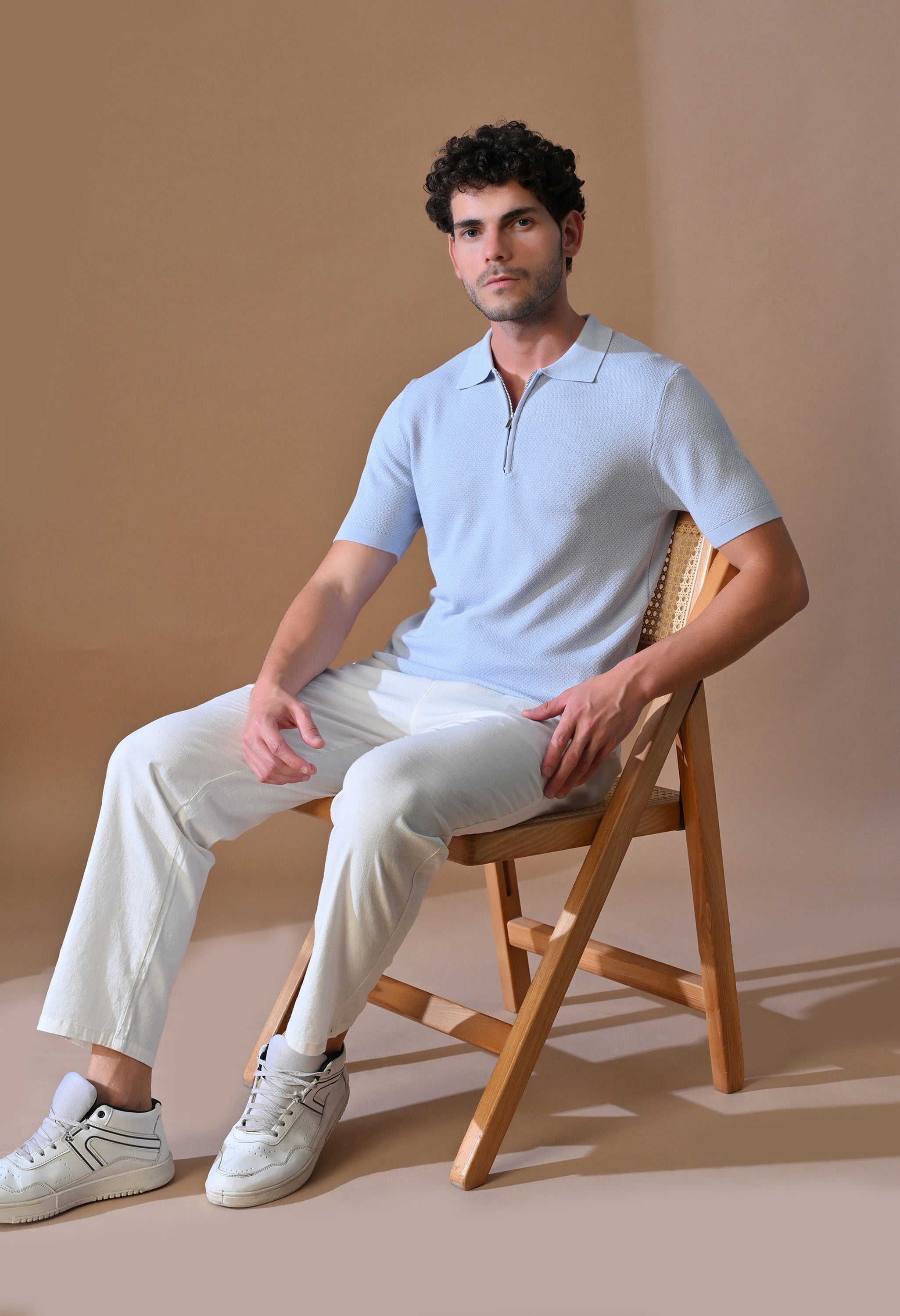 Knitted Textured Zipper Polo for Men