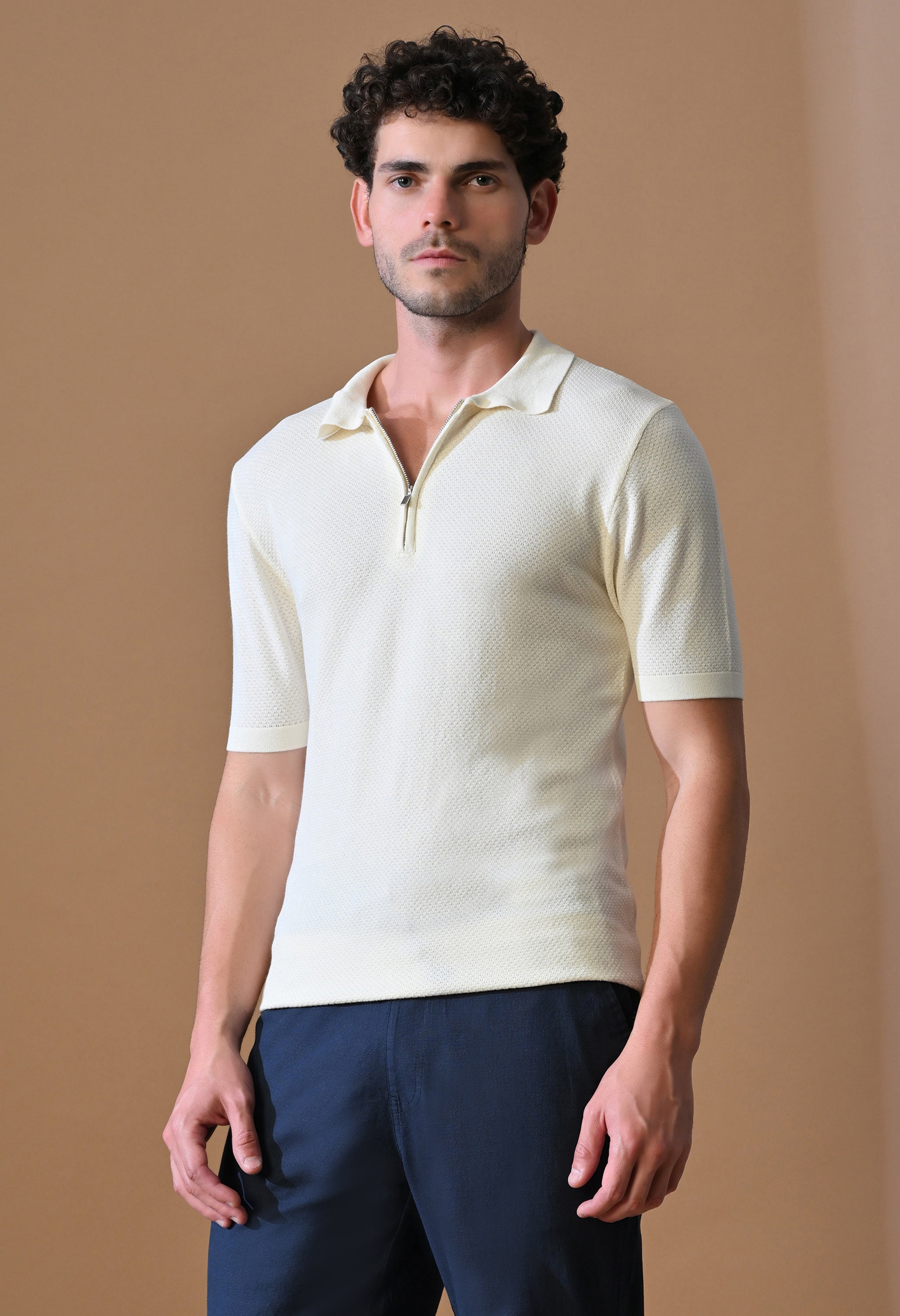 Knitted Textured Zipper Polo for Men