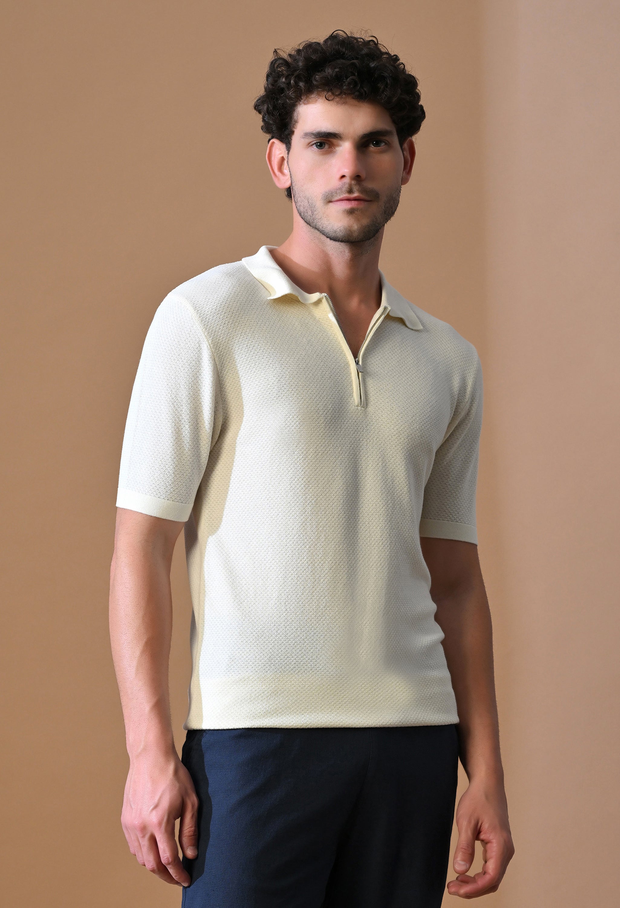 Knitted Textured Zipper Polo for Men