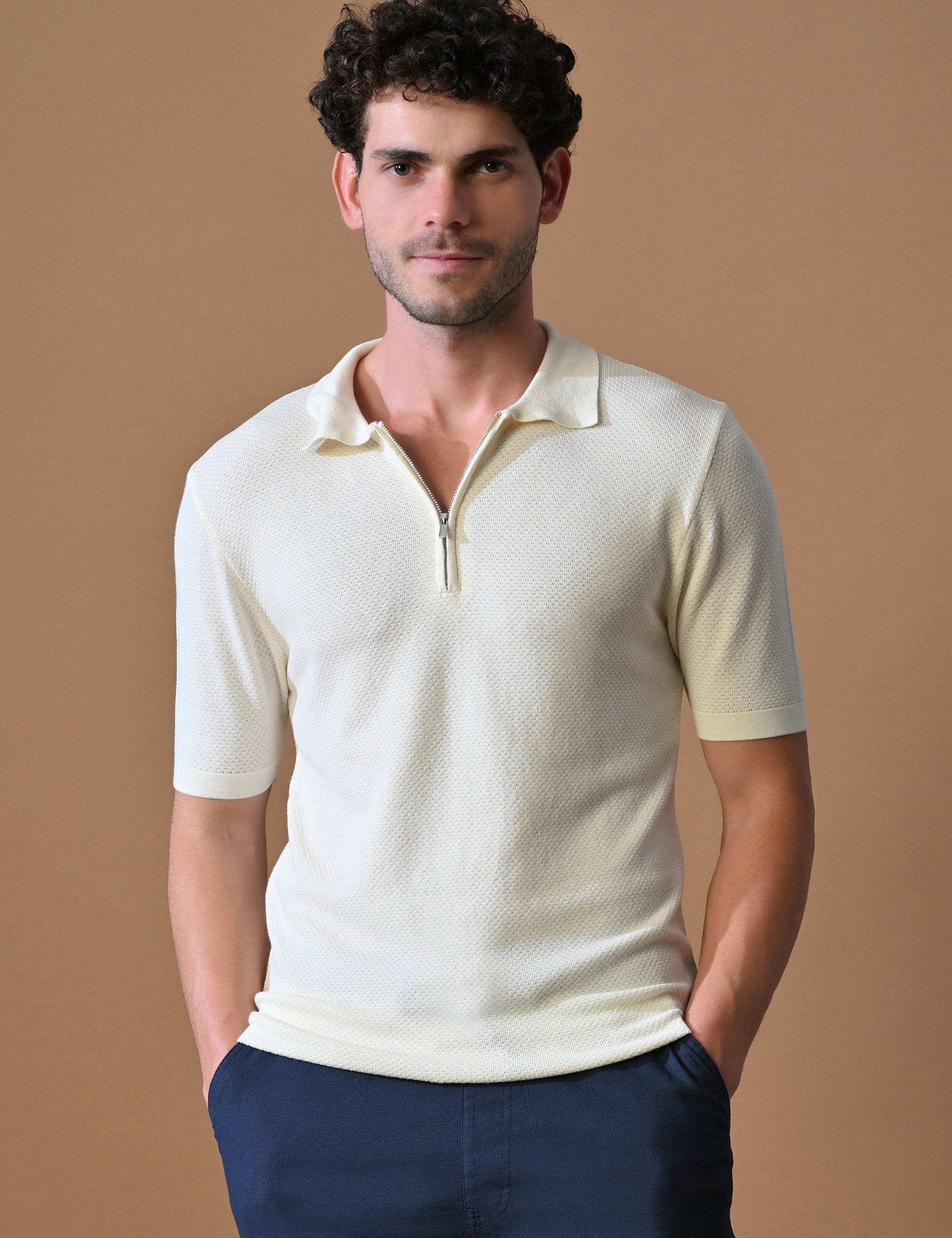 Knitted Textured Zipper Polo for Men