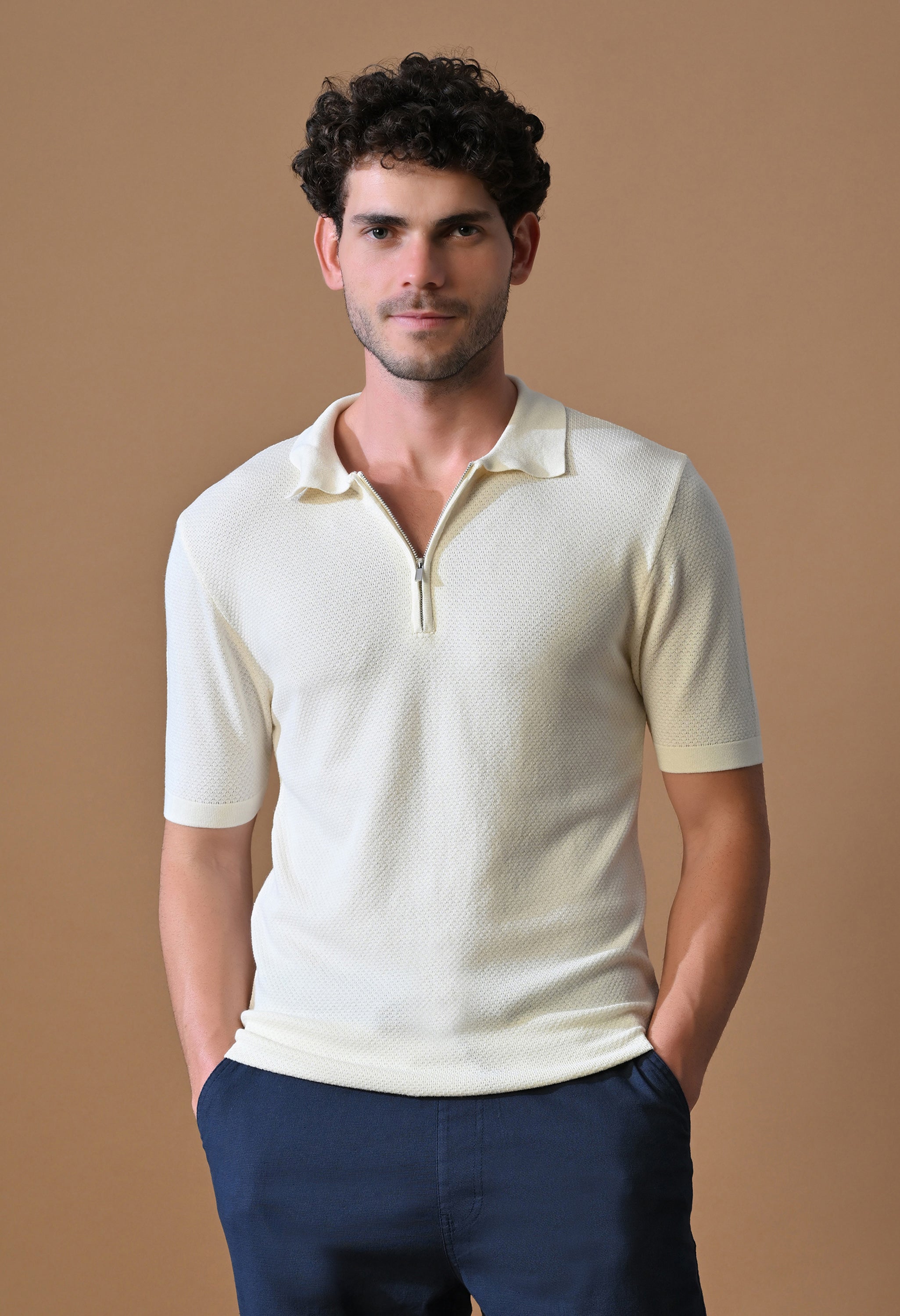 Knitted Textured Zipper Polo for Men