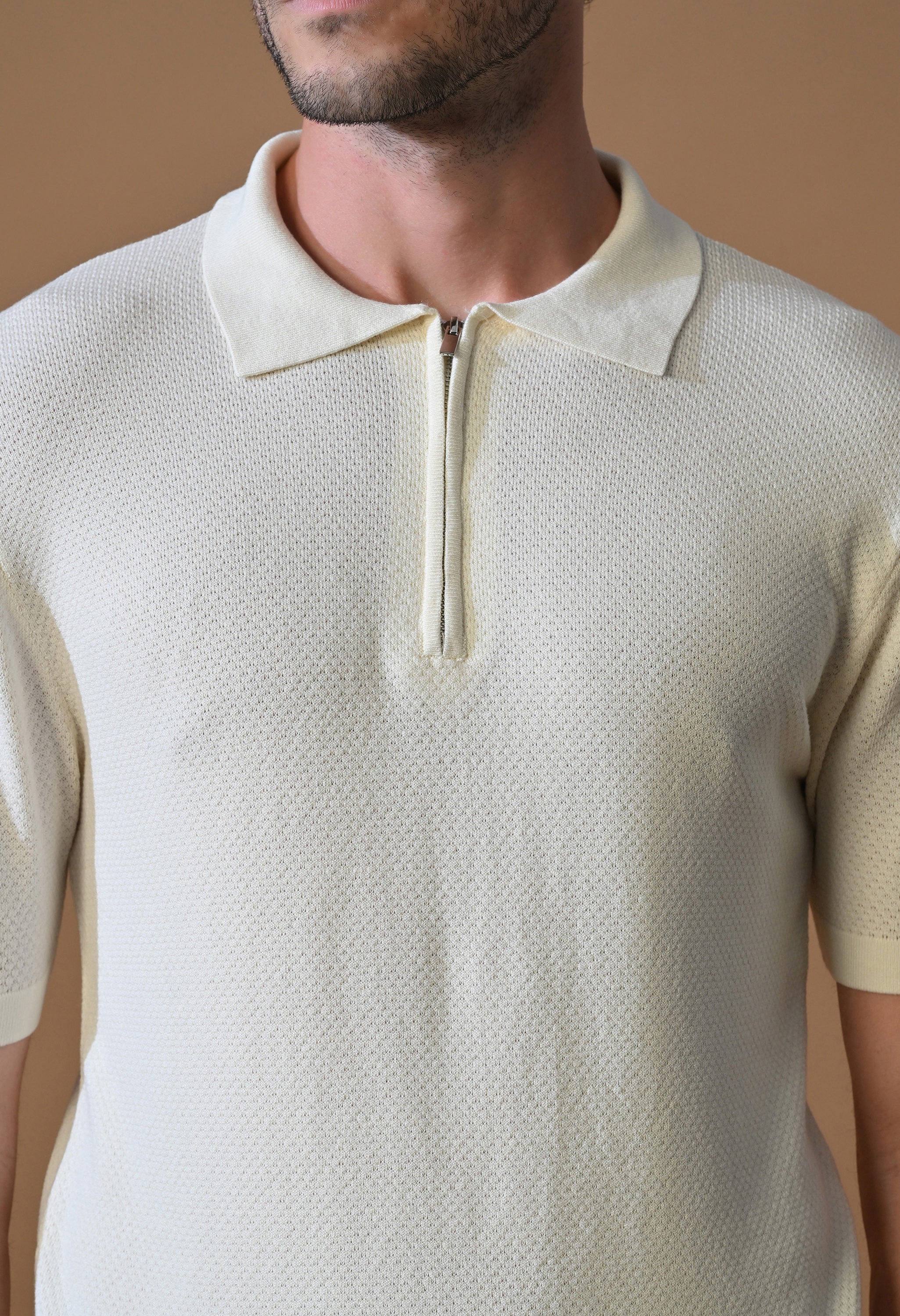 Knitted Textured Zipper Polo for Men