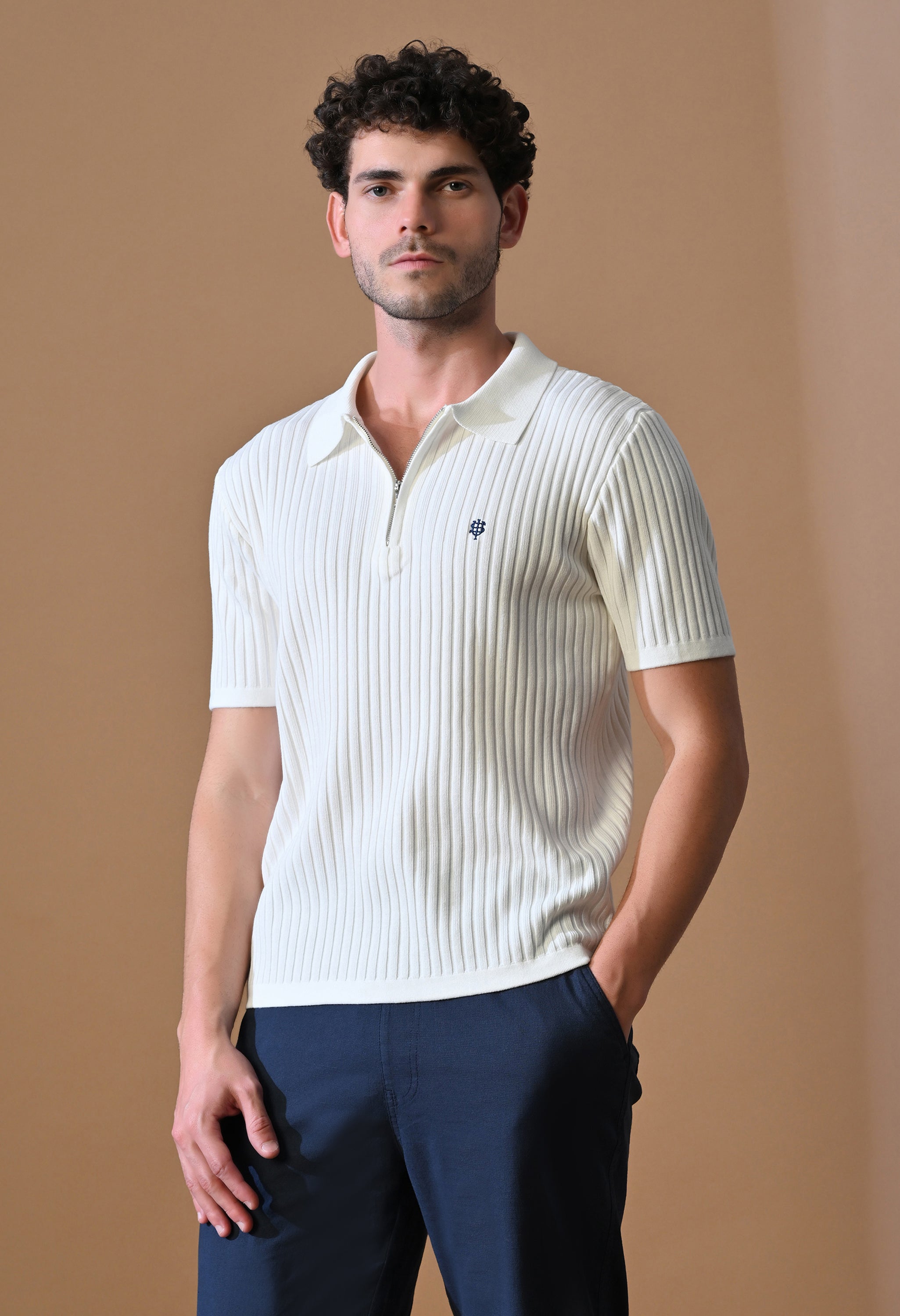 Knitted Zipper Polo with Stripes for Men | Timeless & Durable