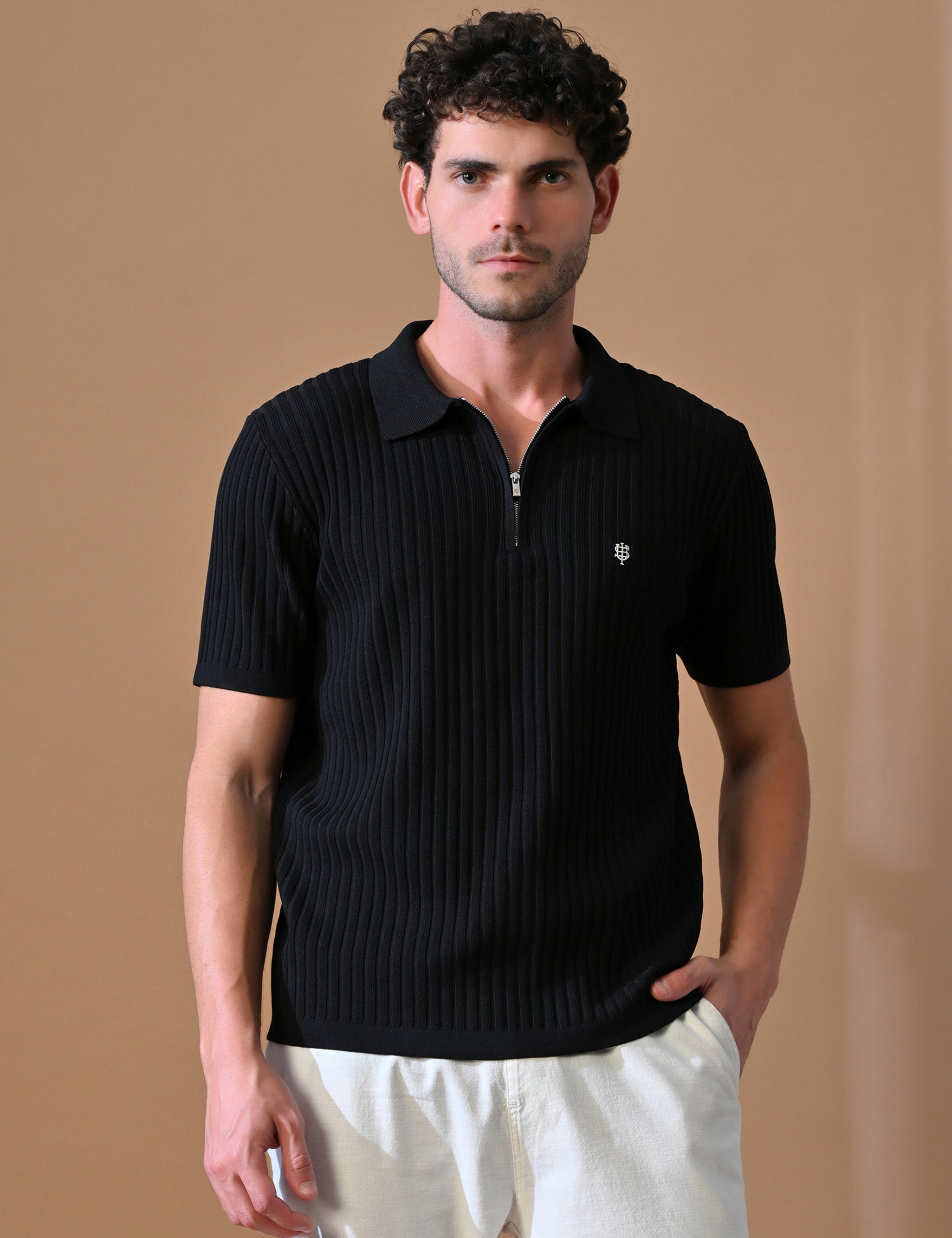 Knitted Zipper Polo with Stripes for Men | Timeless & Durable