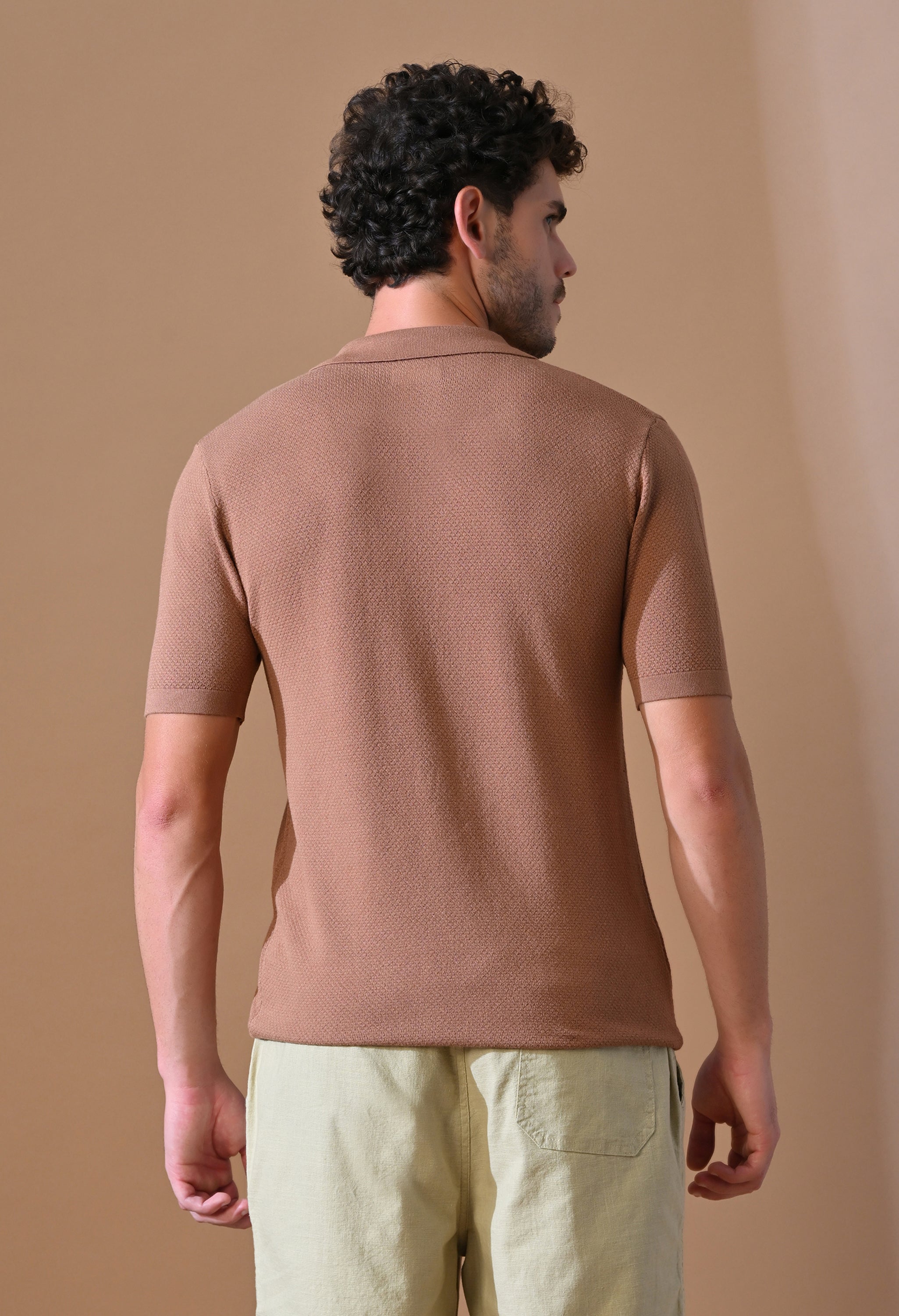 Knitted Textured Zipper Polo for Men