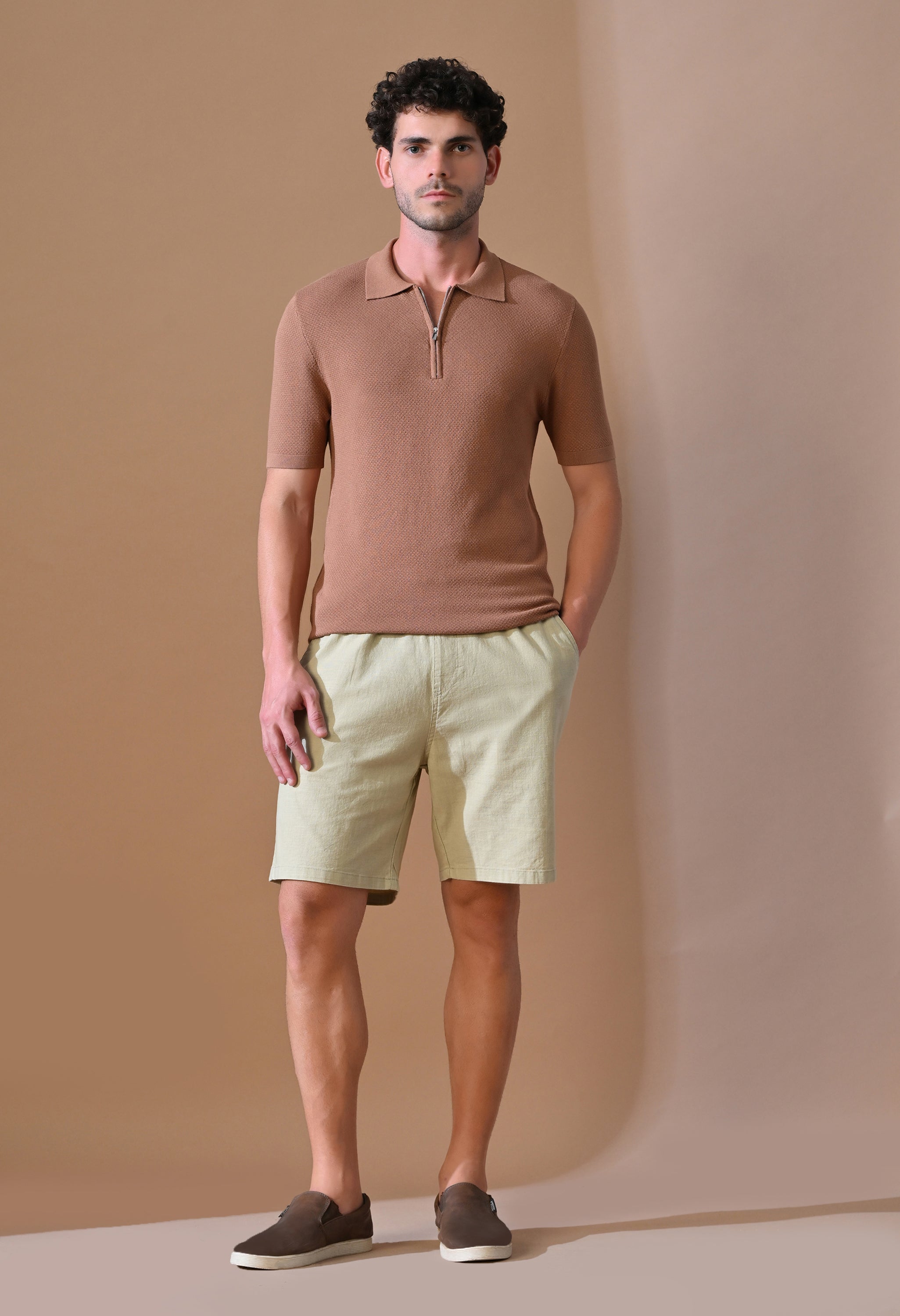 Knitted Textured Zipper Polo for Men