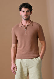 Knitted Textured Zipper Polo for Men