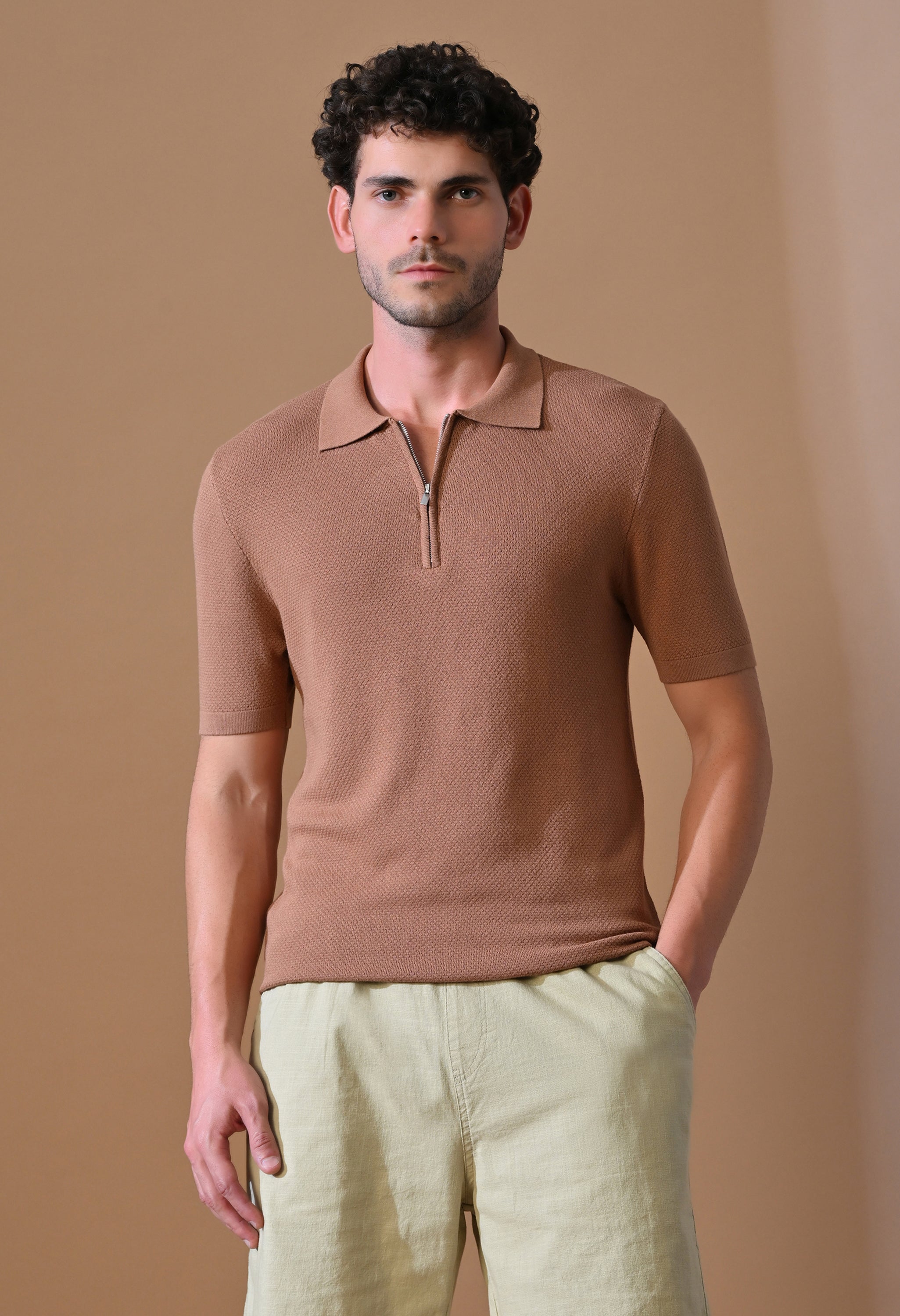 Knitted Textured Zipper Polo for Men