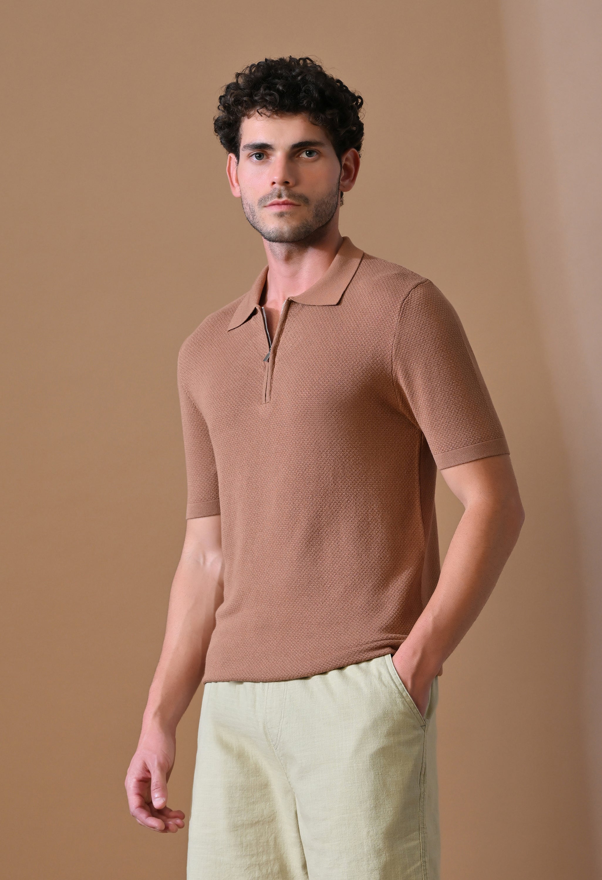 Knitted Textured Zipper Polo for Men