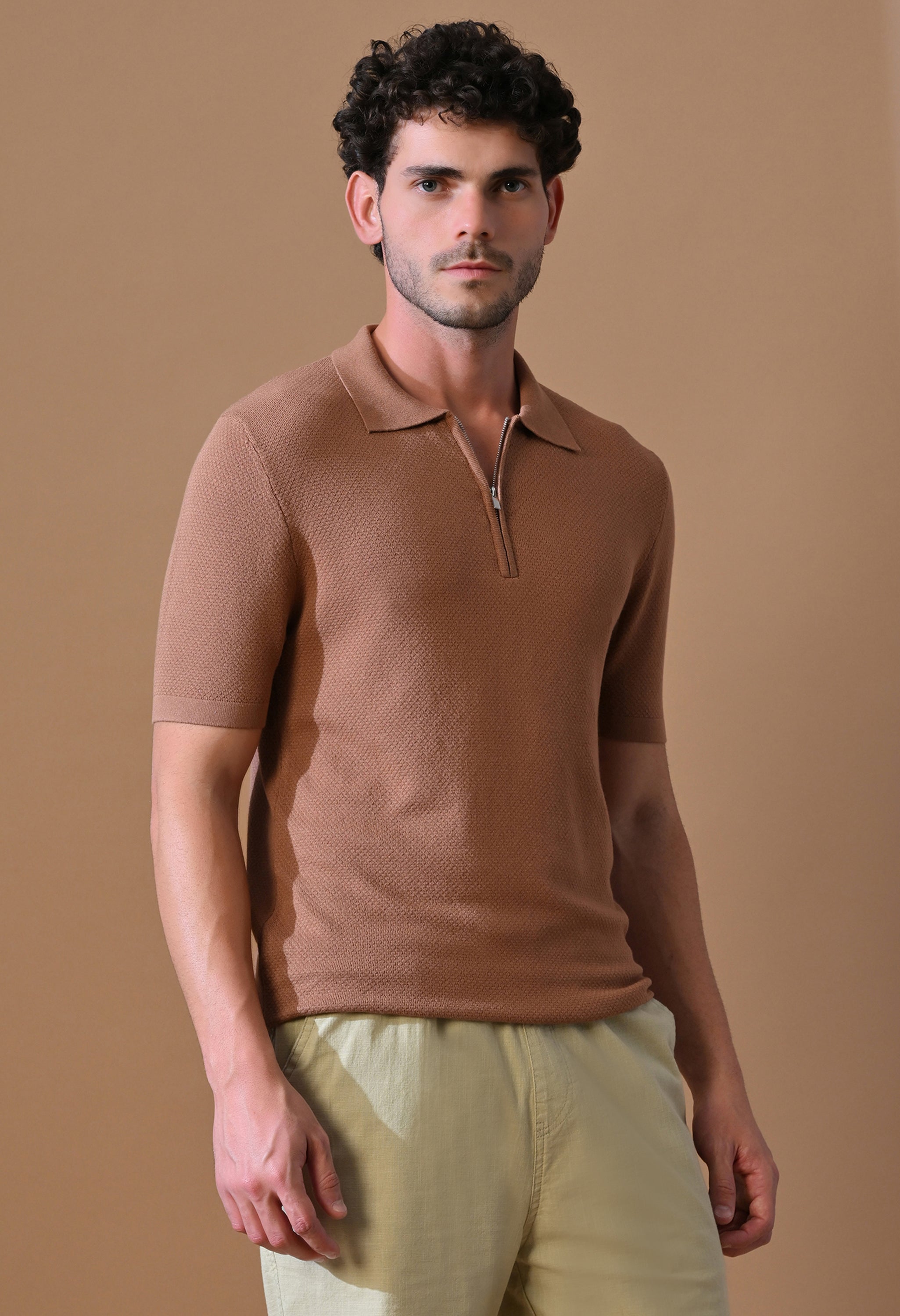 Knitted Textured Zipper Polo for Men