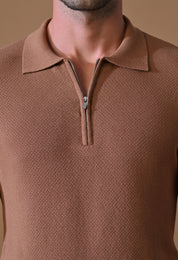 Knitted Textured Zipper Polo for Men