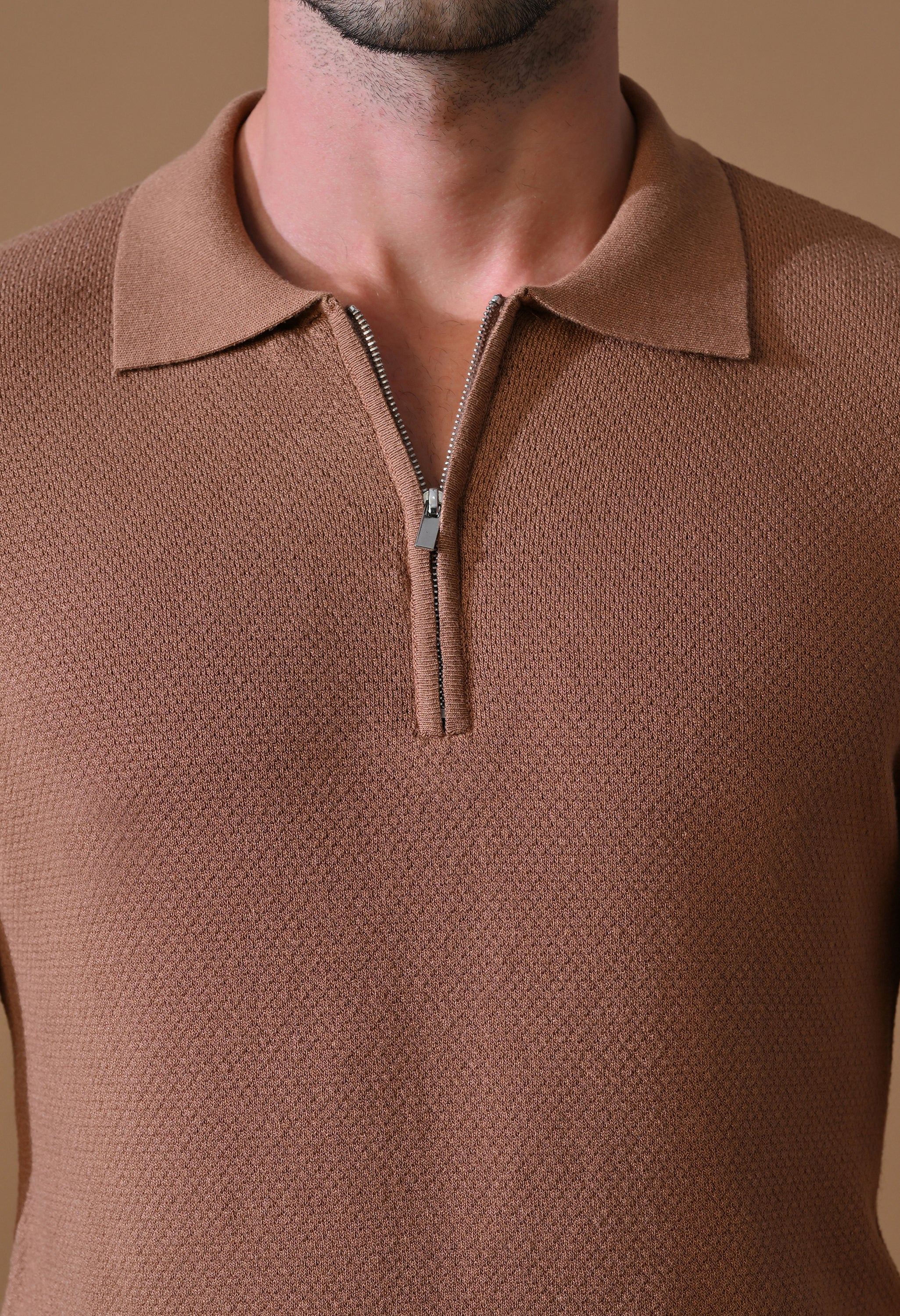 Knitted Textured Zipper Polo for Men