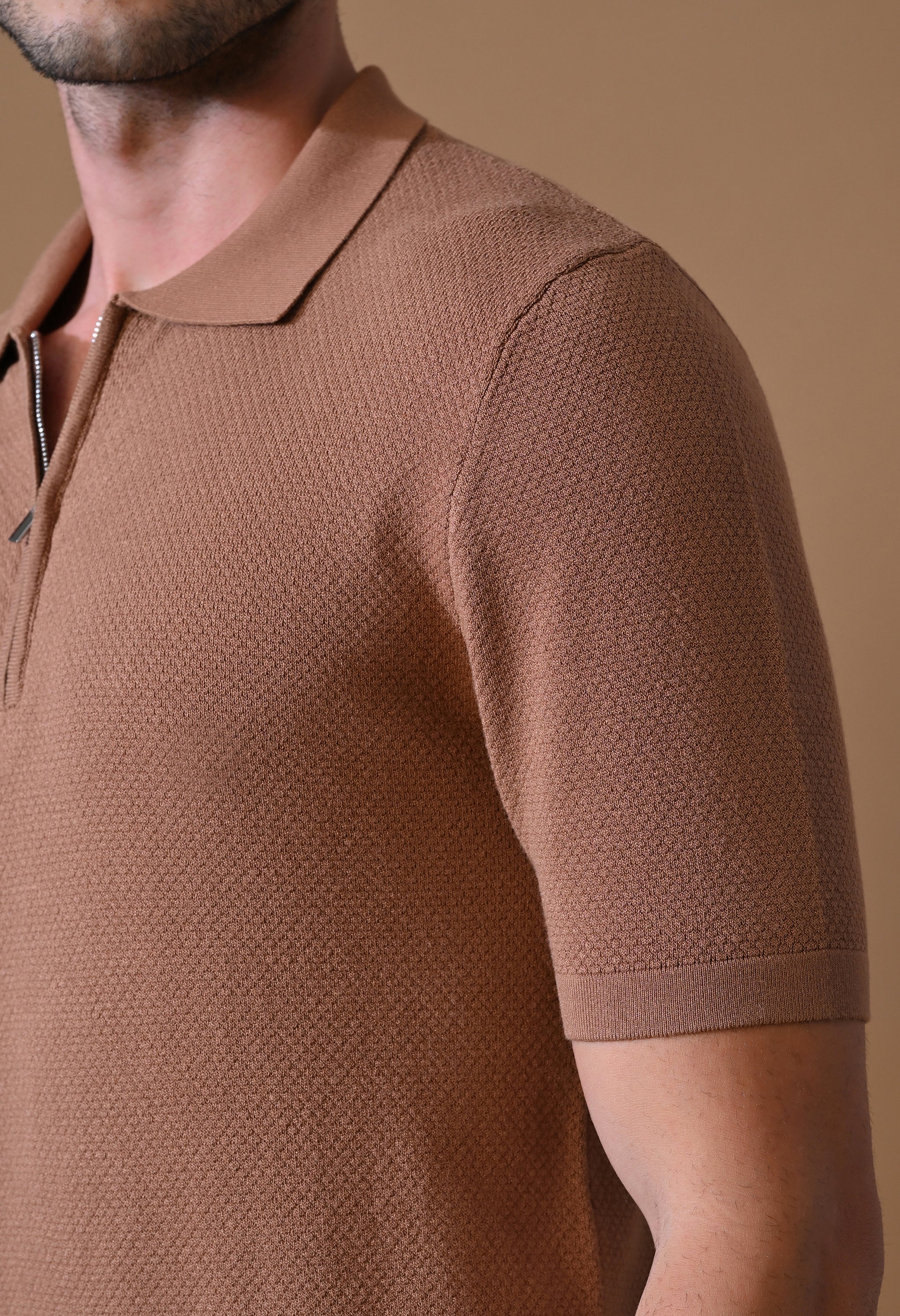 Knitted Textured Zipper Polo for Men