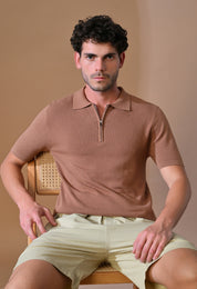 Knitted Textured Zipper Polo for Men